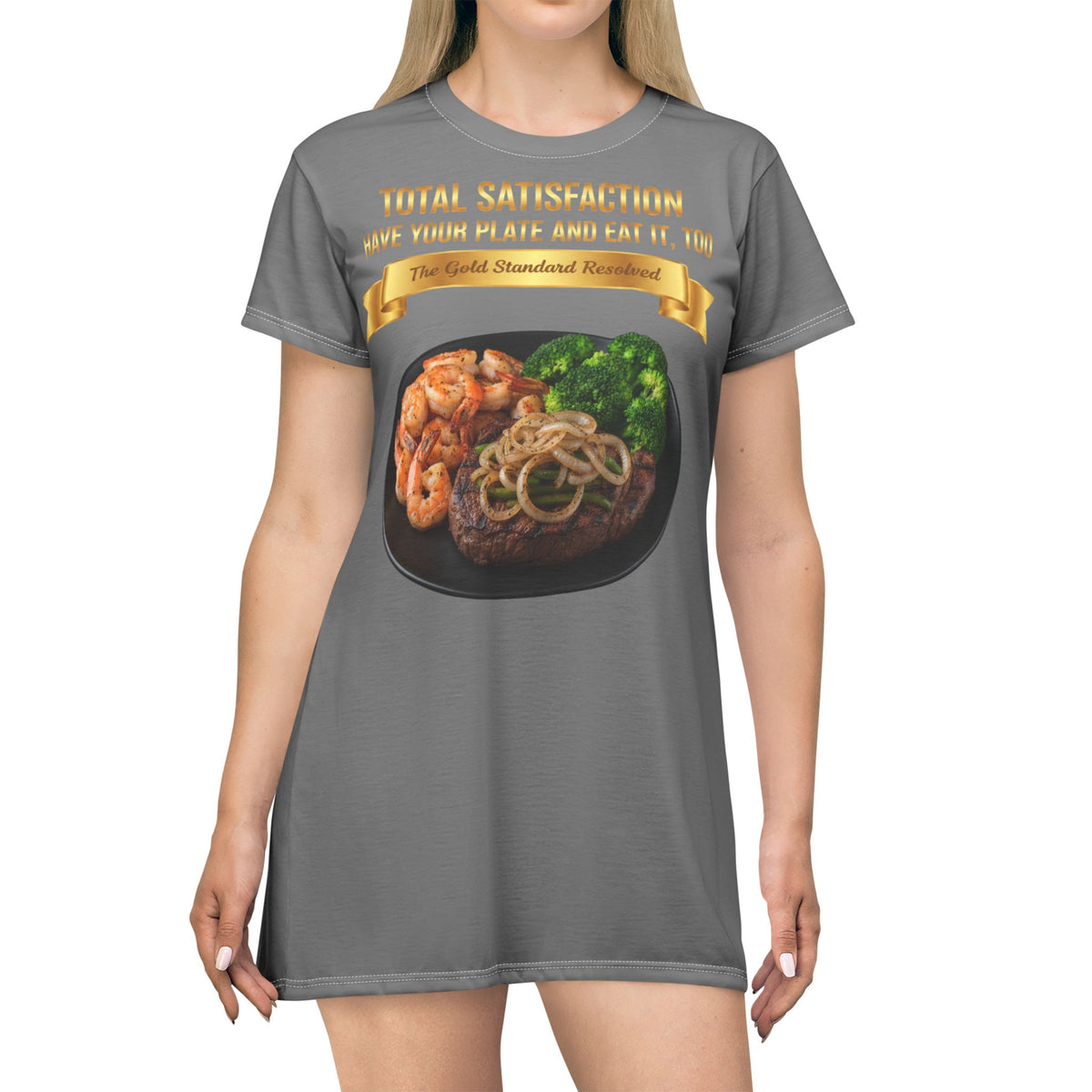 RIB-EYE STEAK PEPPER ONIONS SHRIMP & BROCCOLI T-SHIRT DRESS