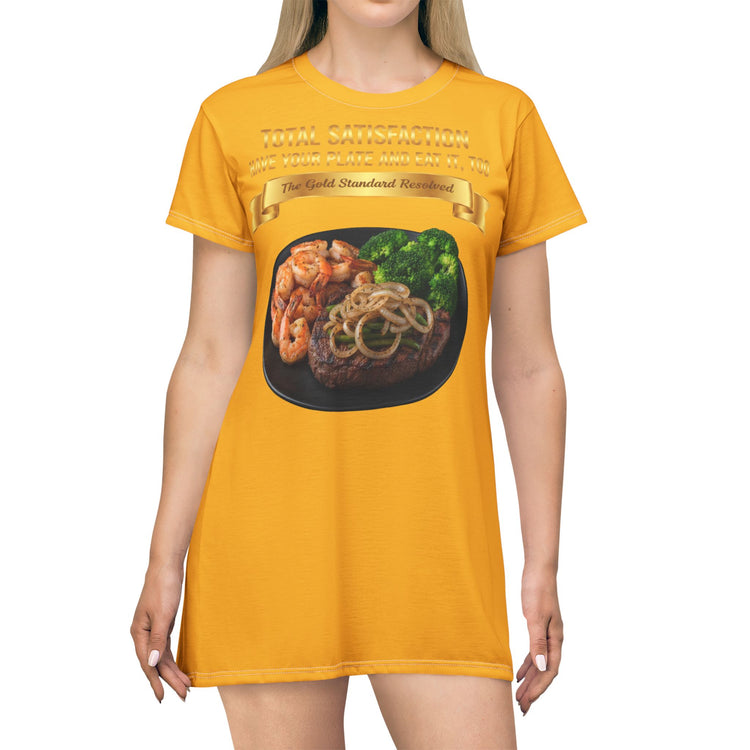 RIB-EYE STEAK PEPPER ONIONS SHRIMP & BROCCOLI T-SHIRT DRESS