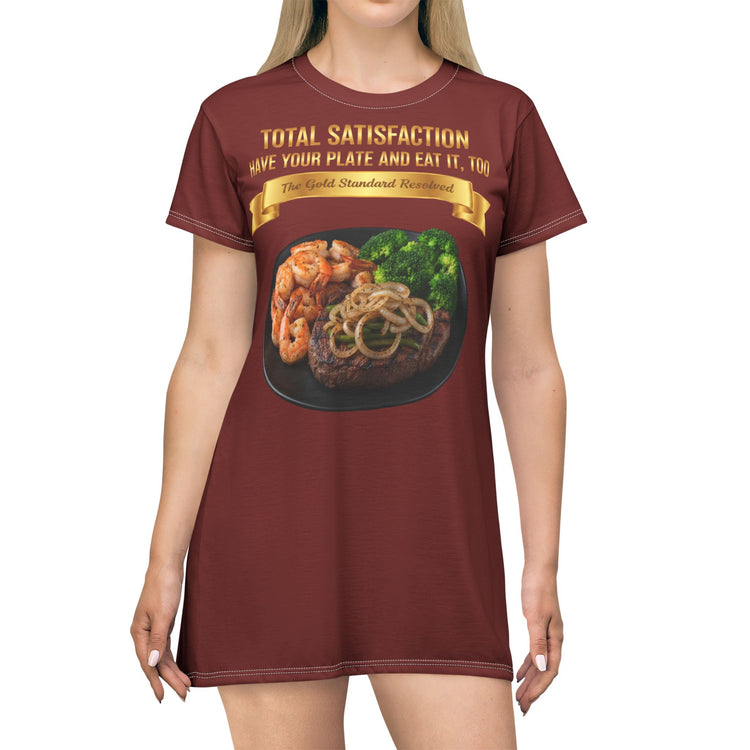 RIB-EYE STEAK PEPPER ONIONS SHRIMP & BROCCOLI T-SHIRT DRESS