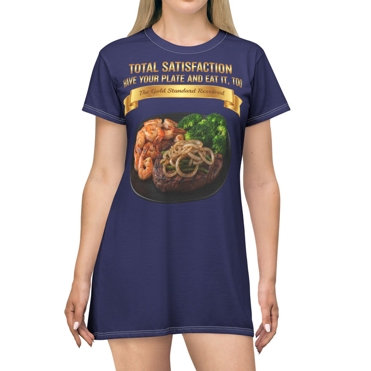 RIB-EYE STEAK PEPPER ONIONS SHRIMP & BROCCOLI T-SHIRT DRESS