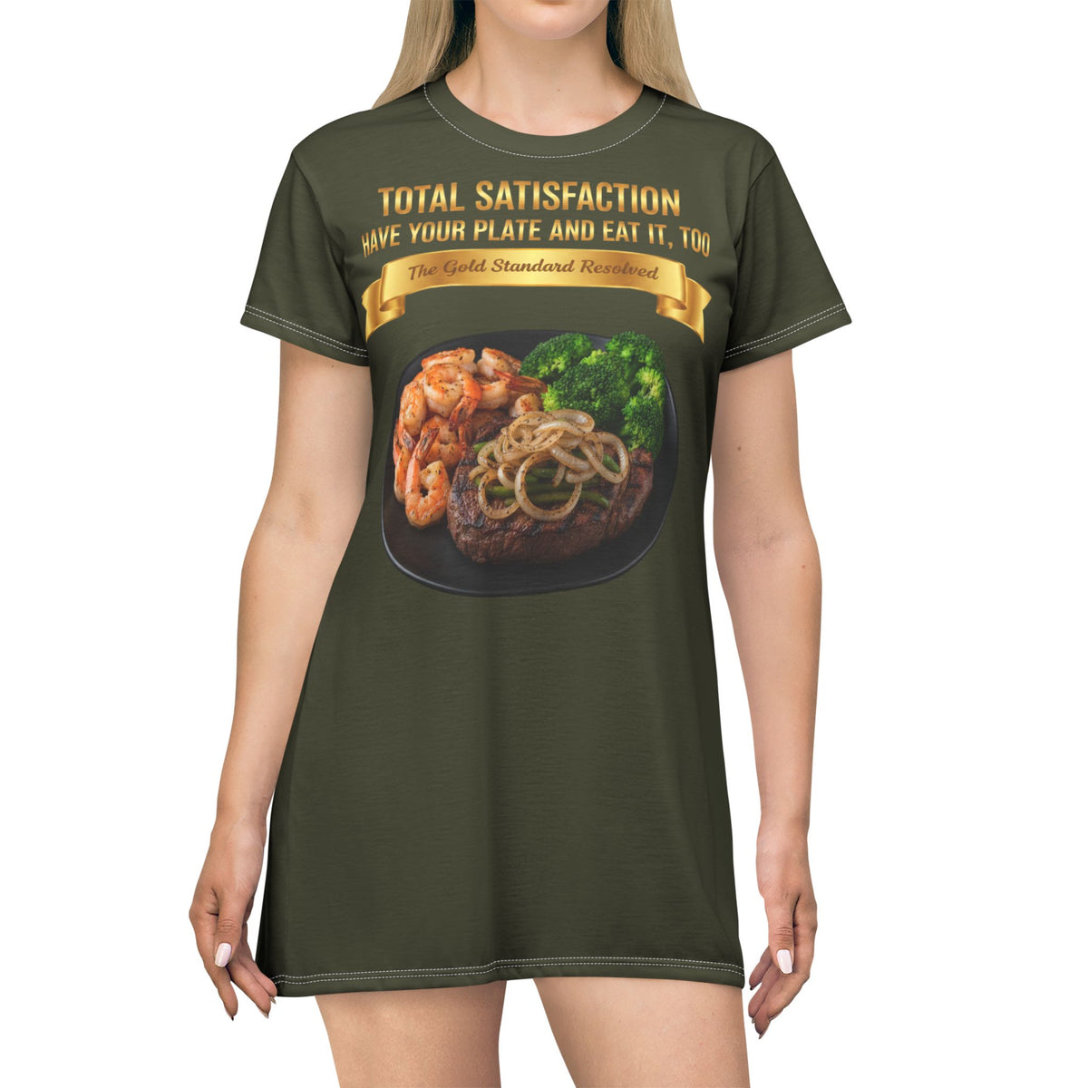 RIB-EYE STEAK PEPPER ONIONS SHRIMP & BROCCOLI T-SHIRT DRESS