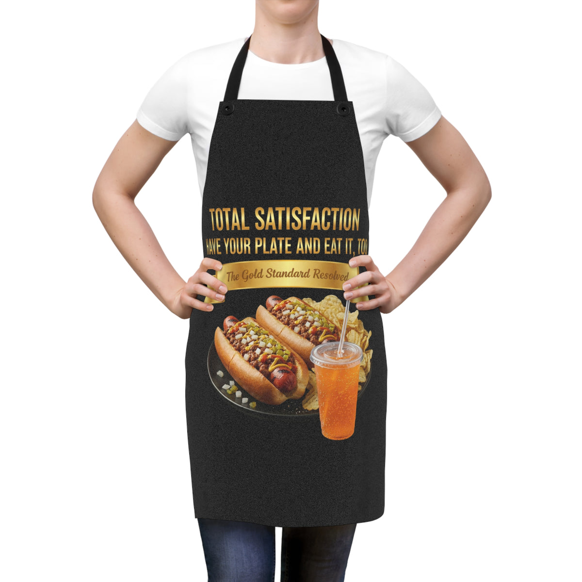 Person wearing a black apron with a hot dog and drink graphic and text.